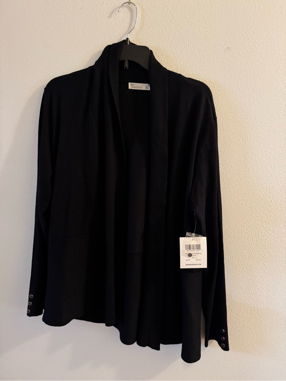 89th & Madison Womens Open Front Cardigan Sweater Black Button Cuffs XL